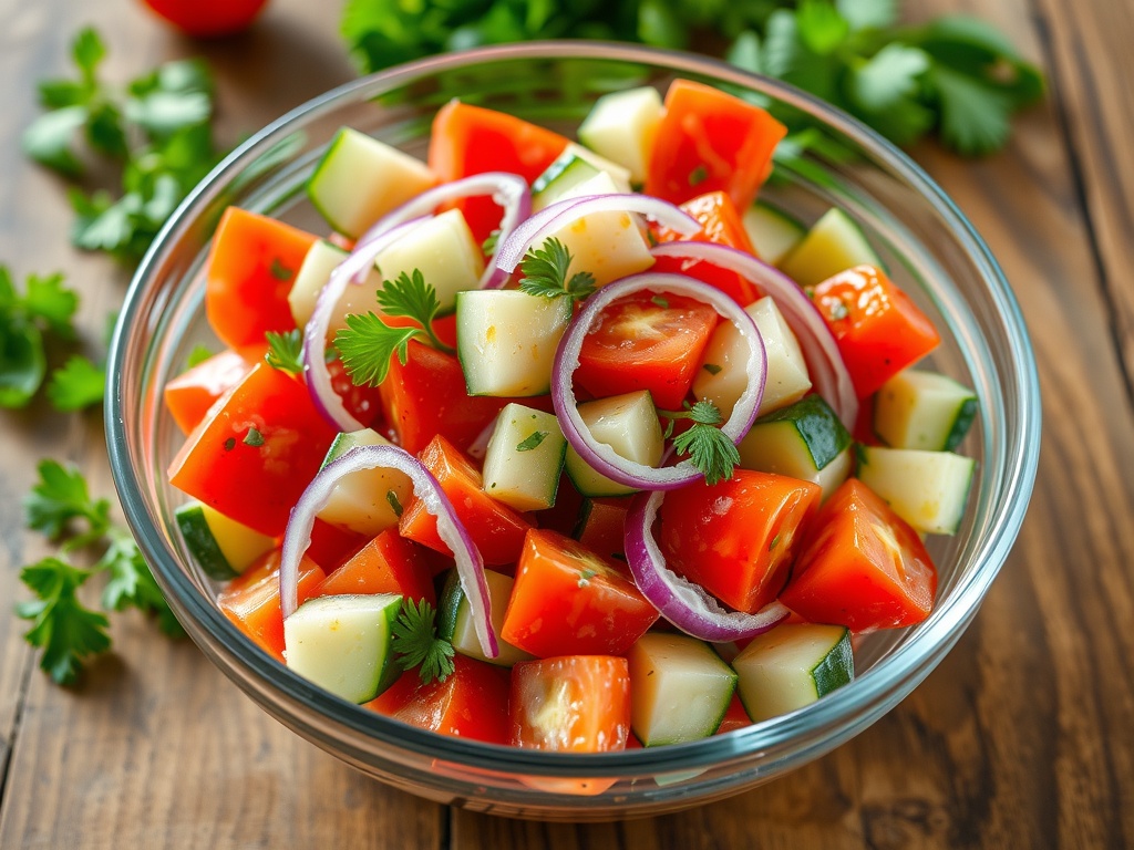 Refreshing Cucumber Tomato Salad Recipe A colorful cucumber tomato salad with diced cucumbers, tomatoes, and red onions in a glass bowl on a wooden table.